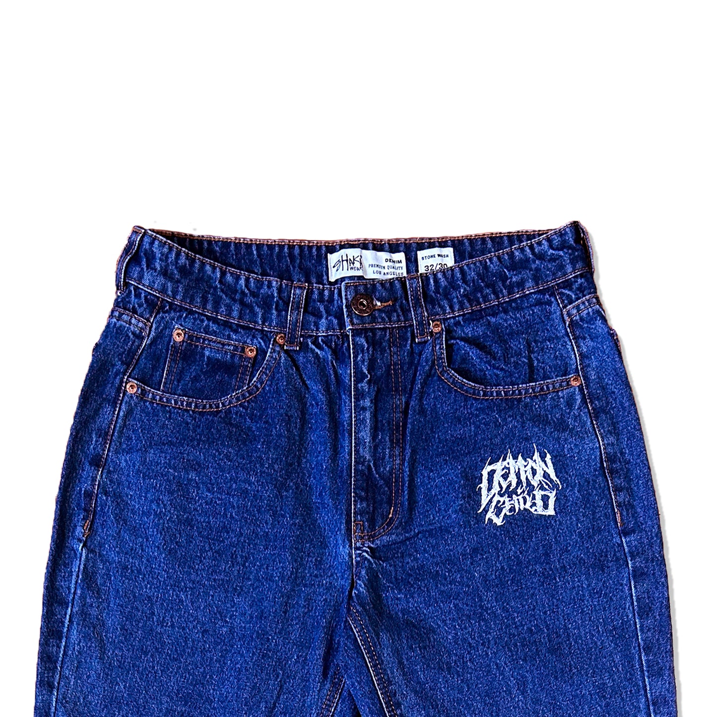 Dark Blue Stone Washed Demon Child Logo Jeans