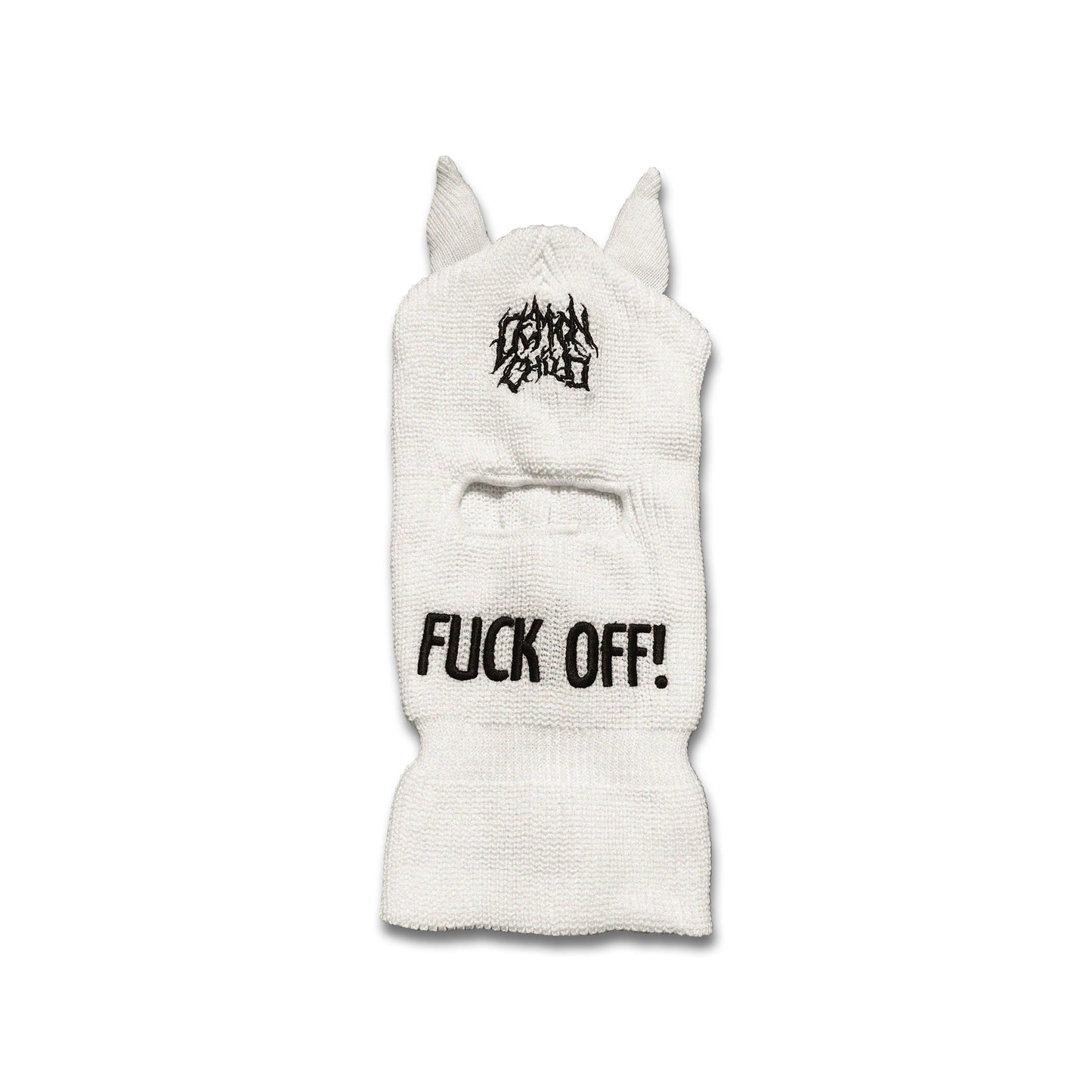 White Demon Ski Mask with F OFF Embroidery – Streetwear Accessory