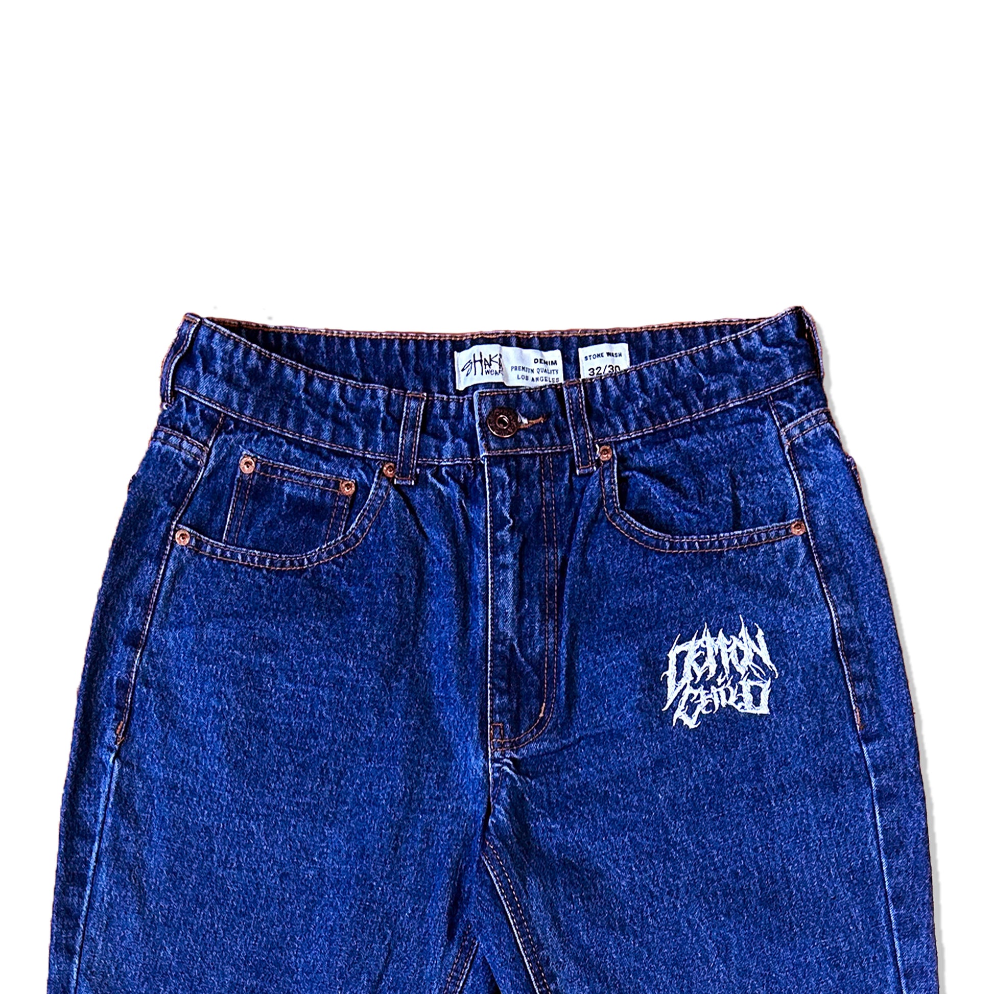 Dark Blue Stone Washed Demon Child Logo Jeans