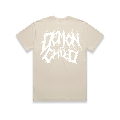 Faded Logo T-Shirt Ecru front and back graphic – Demon Child Clothing